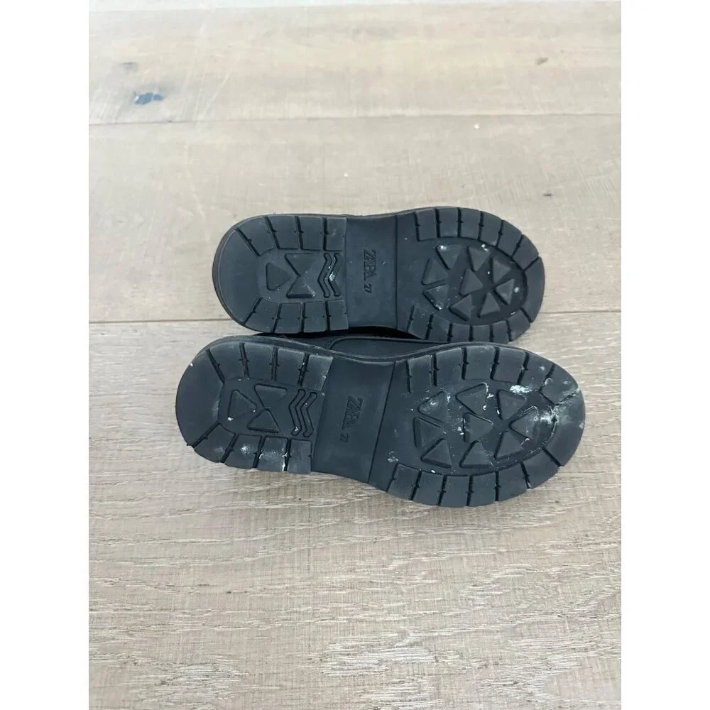Zara Kids Black Lace-Up Leather Shoes Size 27 With Rugged Soles & Pull Tabs